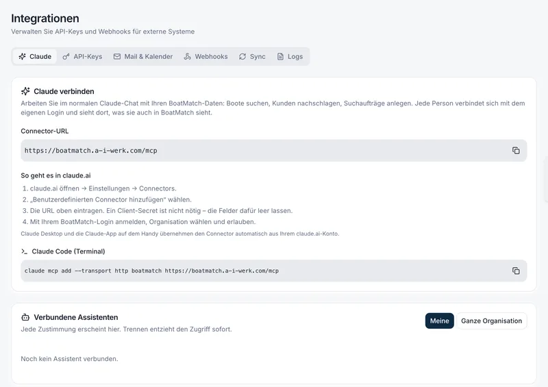Integrations page with the Claude tab: connector URL, four step setup guide for claude.ai and the command for Claude Code.