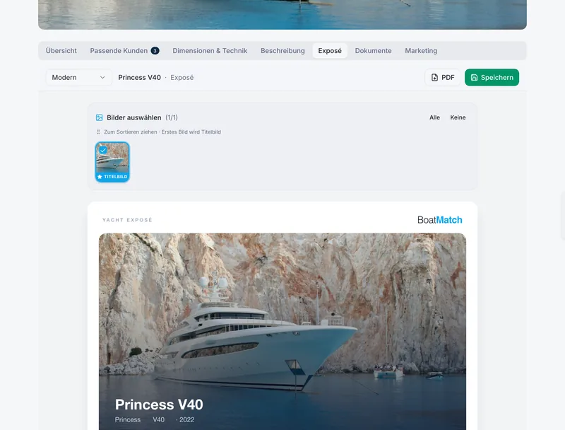 Exposé-Editor im Boot: Vorlage Modern, Bildauswahl mit Titelbild und Vorschau des Yacht-Exposés mit PDF-Export.