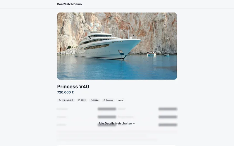 Öffentliche Exposé-Seite einer Princess V40 mit Foto, Preis und Eckdaten, weitere Details erst nach Freischaltung.