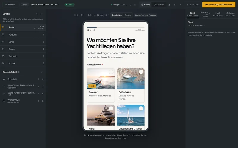 Funnel editor with six steps and visitor counts per step, with a phone preview of the question about the preferred cruising area in the middle.