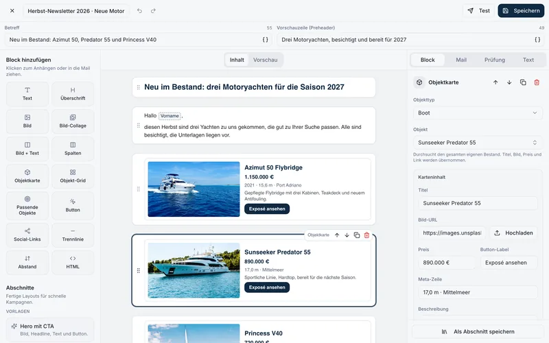 Email editor for an autumn newsletter: block palette on the left, yacht object cards in the middle, properties of the selected card on the right.