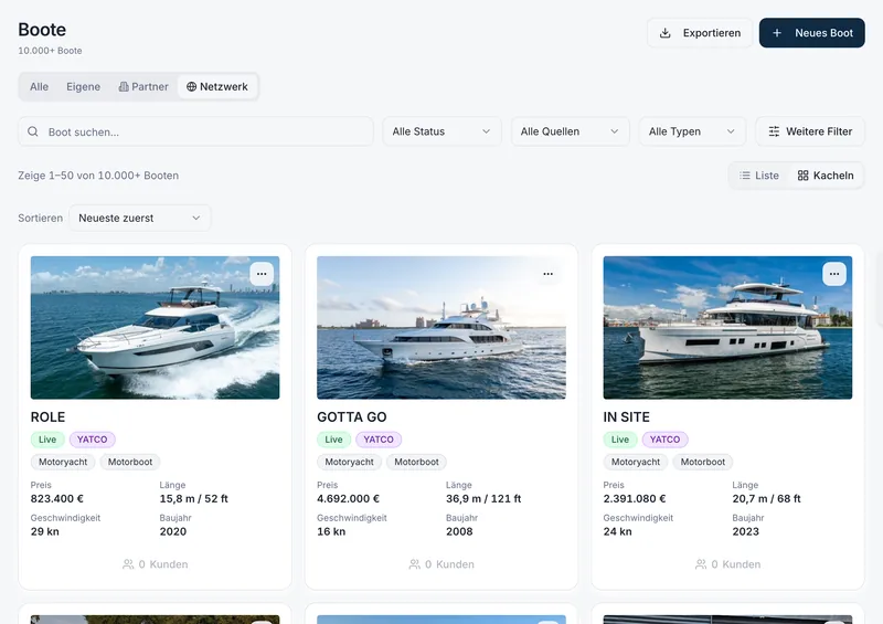 Boat list filtered to the partner network in tile view: partner yachts with price, length, speed and build year.