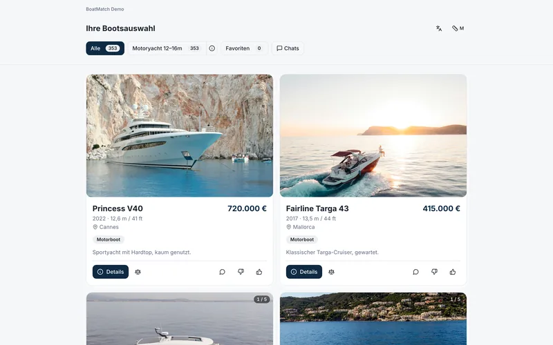 Customer portal on desktop: boat selection filtered by search order, favourites and chats, boat cards with price, details and thumbs up or down.