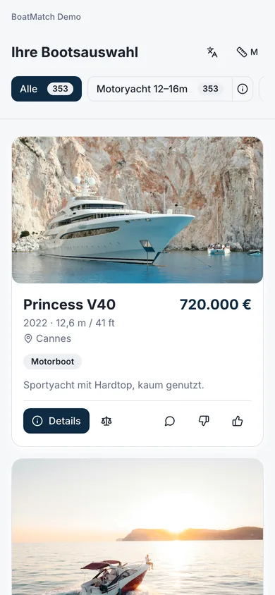 Customer portal on a phone: boat selection showing a Princess V40 at 720,000 euros with comment and thumbs rating.